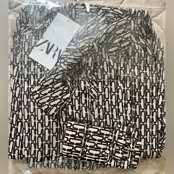 NWT Zara Brown Print Midi Dress Size XL Stunner! Bow Tie shirt dress long sleeve - Picture 14 of 16